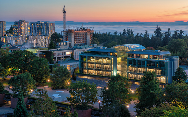 Koerner Library at sunset, credit: Don Erhardt. 