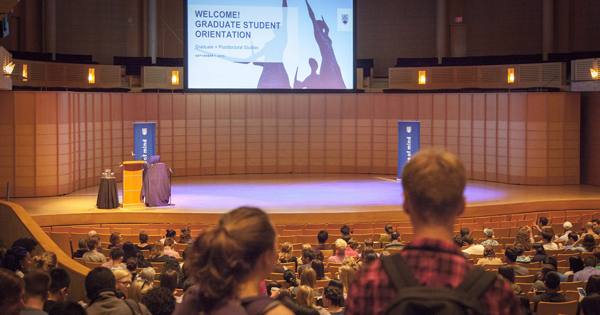 Students look at the empty stage of the Chan Centre shortly before Graduate Orientation 2016. Credit: Efe Peker