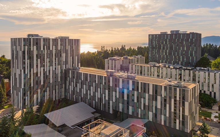 Aerial view of UBC campus looking west over Orchard Commons, summer 2016. Photo credit: Hover Collective