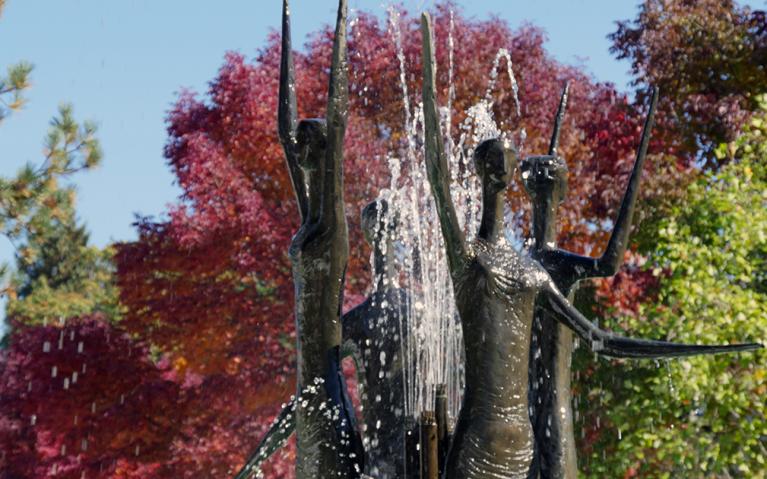 The Transcendence Fountain, in front of Thea Koerner House, fall 2017. 