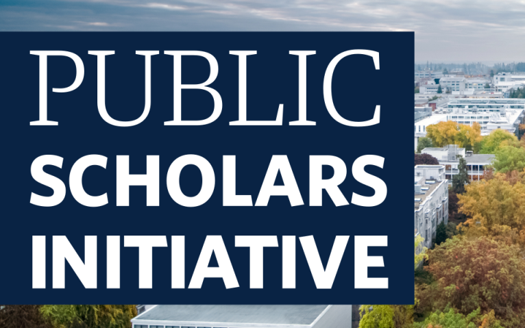 Aerial photo of Vancouver campus with the words Public Scholars Initiative over top