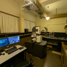 lab with desks and a microsope